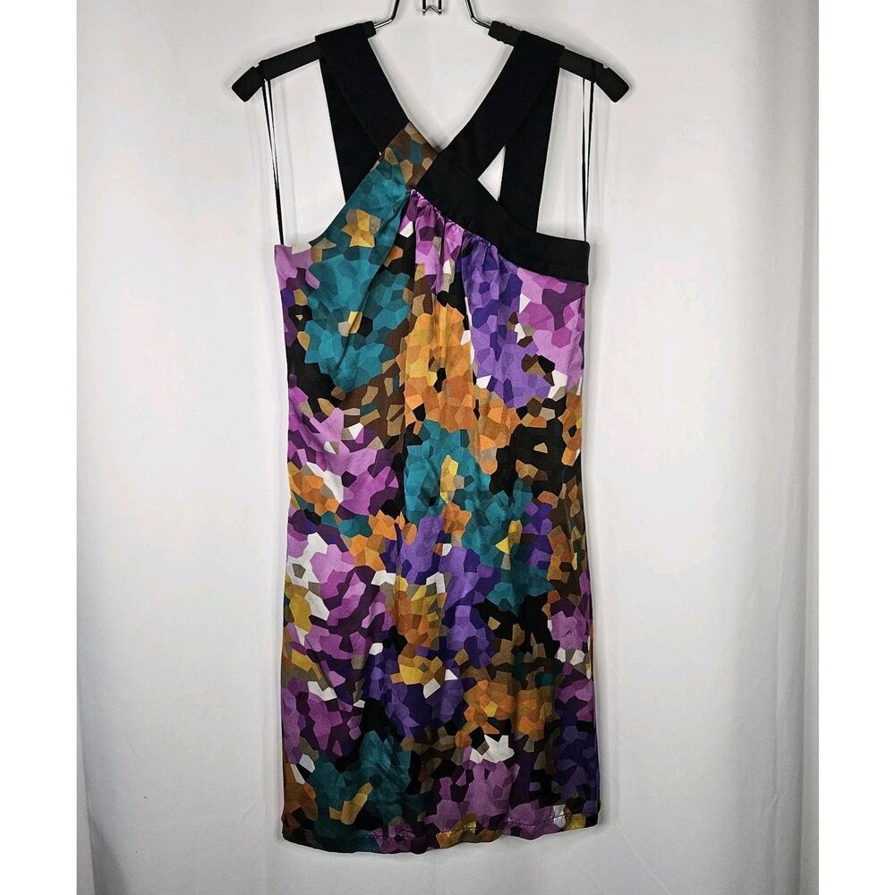 Trina Turk Dress Multicolor Pixelated 100% Silk Criss Cross Neck Size 2